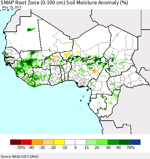Western Africa SMAP Root Zone (0-100 cm) Soil Moisture Anomaly (%) Thematic Map For 5/21/2023 - 5/25/2023