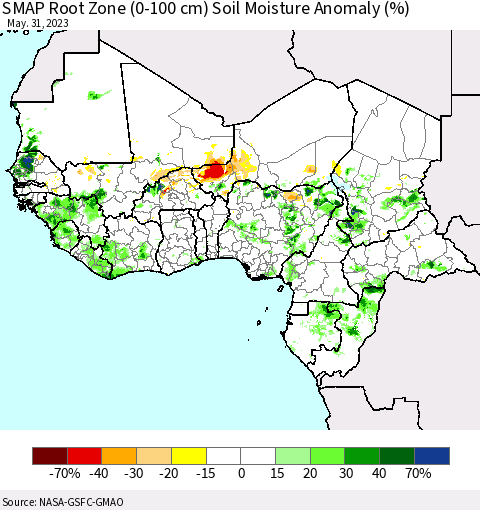 Western Africa SMAP Root Zone (0-100 cm) Soil Moisture Anomaly (%) Thematic Map For 5/26/2023 - 5/31/2023