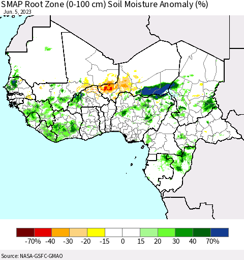 Western Africa SMAP Root Zone (0-100 cm) Soil Moisture Anomaly (%) Thematic Map For 6/1/2023 - 6/5/2023
