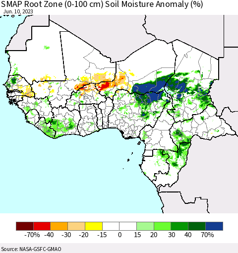 Western Africa SMAP Root Zone (0-100 cm) Soil Moisture Anomaly (%) Thematic Map For 6/6/2023 - 6/10/2023