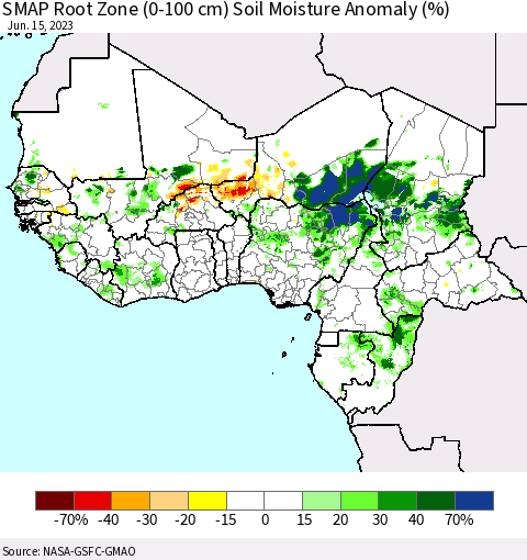 Western Africa SMAP Root Zone (0-100 cm) Soil Moisture Anomaly (%) Thematic Map For 6/11/2023 - 6/15/2023