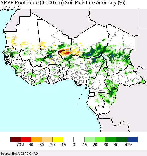 Western Africa SMAP Root Zone (0-100 cm) Soil Moisture Anomaly (%) Thematic Map For 6/16/2023 - 6/20/2023