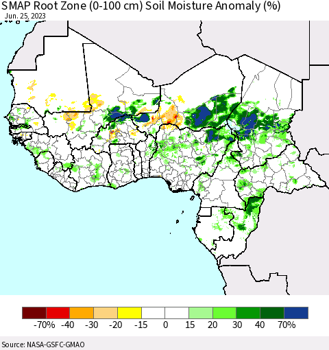 Western Africa SMAP Root Zone (0-100 cm) Soil Moisture Anomaly (%) Thematic Map For 6/21/2023 - 6/25/2023