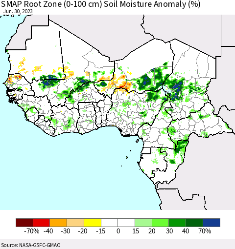 Western Africa SMAP Root Zone (0-100 cm) Soil Moisture Anomaly (%) Thematic Map For 6/26/2023 - 6/30/2023