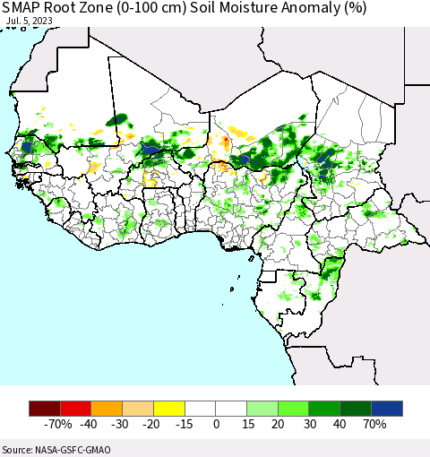 Western Africa SMAP Root Zone (0-100 cm) Soil Moisture Anomaly (%) Thematic Map For 7/1/2023 - 7/5/2023