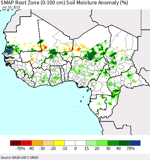 Western Africa SMAP Root Zone (0-100 cm) Soil Moisture Anomaly (%) Thematic Map For 7/6/2023 - 7/10/2023