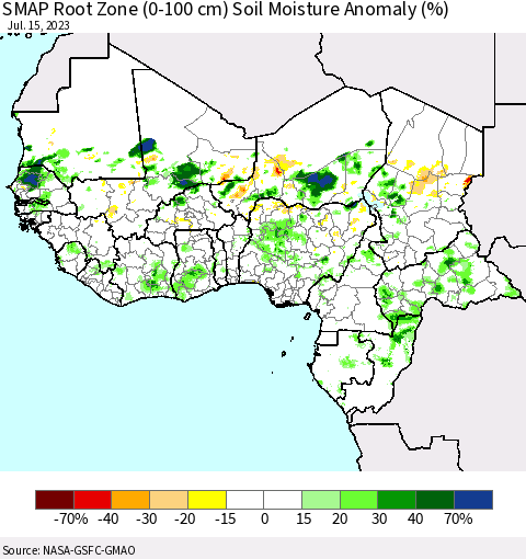 Western Africa SMAP Root Zone (0-100 cm) Soil Moisture Anomaly (%) Thematic Map For 7/11/2023 - 7/15/2023