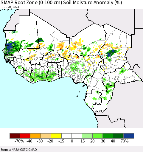 Western Africa SMAP Root Zone (0-100 cm) Soil Moisture Anomaly (%) Thematic Map For 7/16/2023 - 7/20/2023