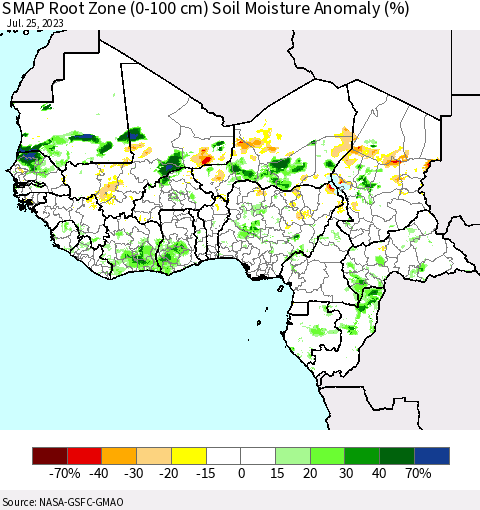 Western Africa SMAP Root Zone (0-100 cm) Soil Moisture Anomaly (%) Thematic Map For 7/21/2023 - 7/25/2023