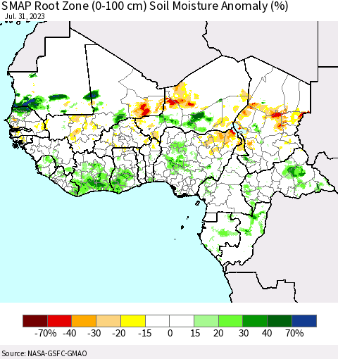 Western Africa SMAP Root Zone (0-100 cm) Soil Moisture Anomaly (%) Thematic Map For 7/26/2023 - 7/31/2023