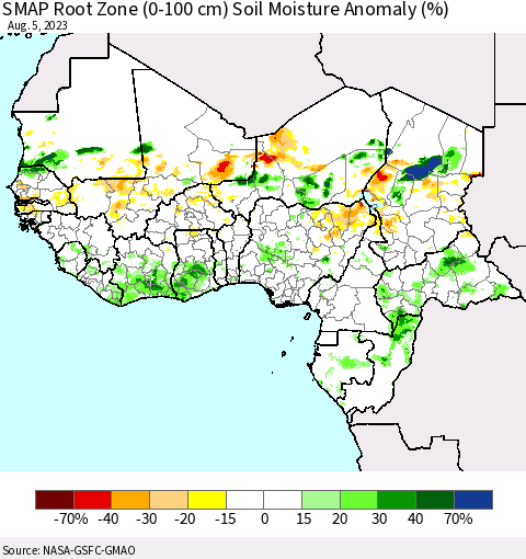 Western Africa SMAP Root Zone (0-100 cm) Soil Moisture Anomaly (%) Thematic Map For 8/1/2023 - 8/5/2023