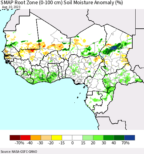 Western Africa SMAP Root Zone (0-100 cm) Soil Moisture Anomaly (%) Thematic Map For 8/6/2023 - 8/10/2023