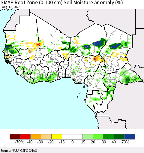 Western Africa SMAP Root Zone (0-100 cm) Soil Moisture Anomaly (%) Thematic Map For 8/11/2023 - 8/15/2023