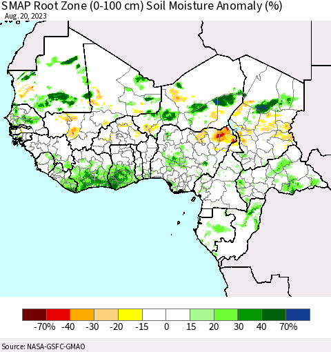 Western Africa SMAP Root Zone (0-100 cm) Soil Moisture Anomaly (%) Thematic Map For 8/16/2023 - 8/20/2023