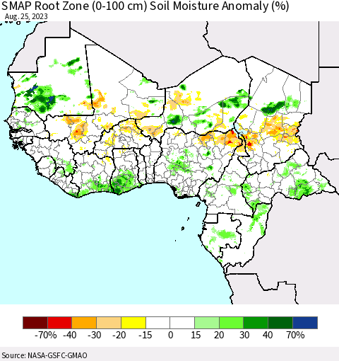 Western Africa SMAP Root Zone (0-100 cm) Soil Moisture Anomaly (%) Thematic Map For 8/21/2023 - 8/25/2023