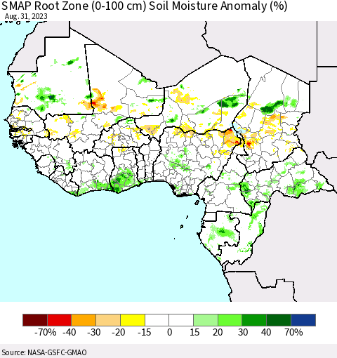 Western Africa SMAP Root Zone (0-100 cm) Soil Moisture Anomaly (%) Thematic Map For 8/26/2023 - 8/31/2023