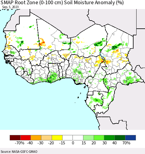 Western Africa SMAP Root Zone (0-100 cm) Soil Moisture Anomaly (%) Thematic Map For 9/1/2023 - 9/5/2023