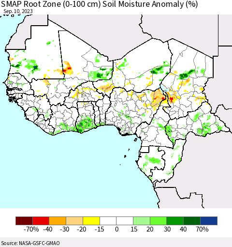 Western Africa SMAP Root Zone (0-100 cm) Soil Moisture Anomaly (%) Thematic Map For 9/6/2023 - 9/10/2023