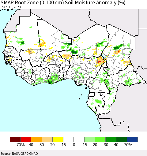 Western Africa SMAP Root Zone (0-100 cm) Soil Moisture Anomaly (%) Thematic Map For 9/11/2023 - 9/15/2023
