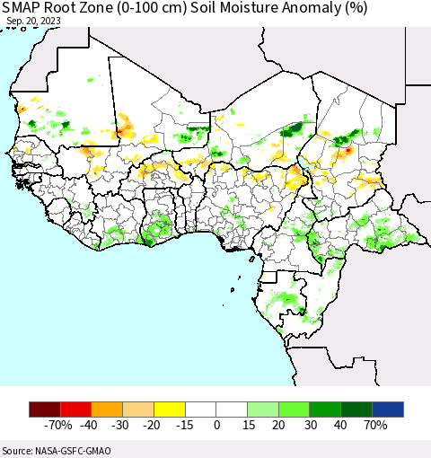 Western Africa SMAP Root Zone (0-100 cm) Soil Moisture Anomaly (%) Thematic Map For 9/16/2023 - 9/20/2023