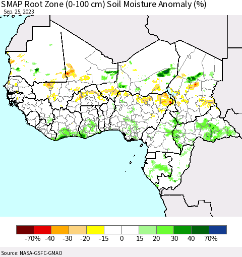 Western Africa SMAP Root Zone (0-100 cm) Soil Moisture Anomaly (%) Thematic Map For 9/21/2023 - 9/25/2023