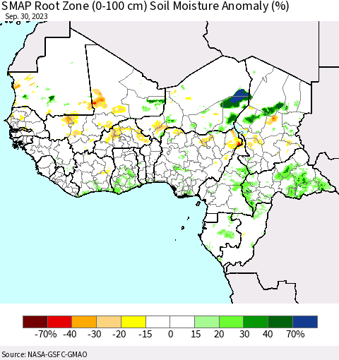 Western Africa SMAP Root Zone (0-100 cm) Soil Moisture Anomaly (%) Thematic Map For 9/26/2023 - 9/30/2023