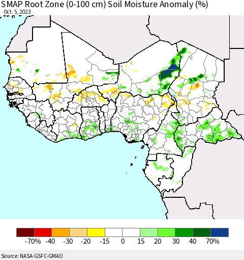 Western Africa SMAP Root Zone (0-100 cm) Soil Moisture Anomaly (%) Thematic Map For 10/1/2023 - 10/5/2023