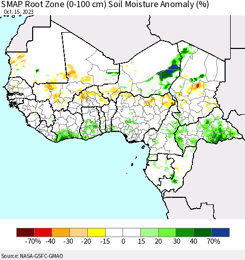 Western Africa SMAP Root Zone (0-100 cm) Soil Moisture Anomaly (%) Thematic Map For 10/11/2023 - 10/15/2023