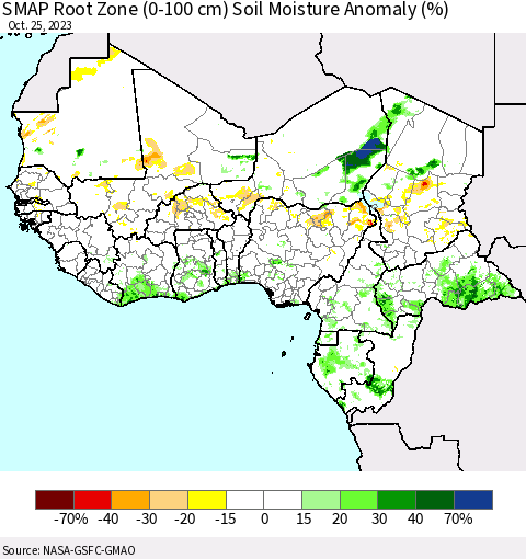 Western Africa SMAP Root Zone (0-100 cm) Soil Moisture Anomaly (%) Thematic Map For 10/21/2023 - 10/25/2023