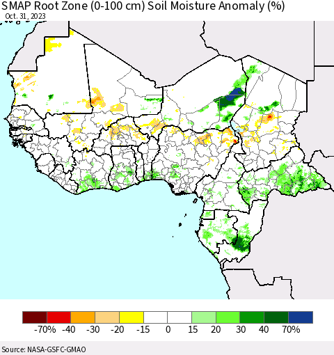 Western Africa SMAP Root Zone (0-100 cm) Soil Moisture Anomaly (%) Thematic Map For 10/26/2023 - 10/31/2023