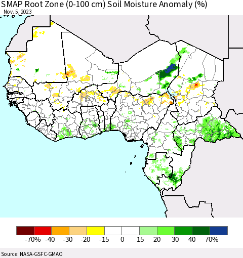 Western Africa SMAP Root Zone (0-100 cm) Soil Moisture Anomaly (%) Thematic Map For 11/1/2023 - 11/5/2023