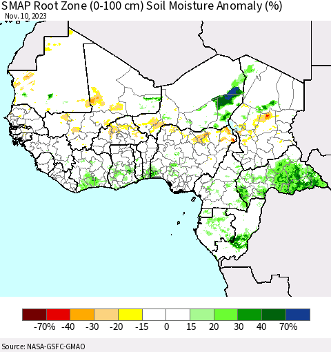 Western Africa SMAP Root Zone (0-100 cm) Soil Moisture Anomaly (%) Thematic Map For 11/6/2023 - 11/10/2023