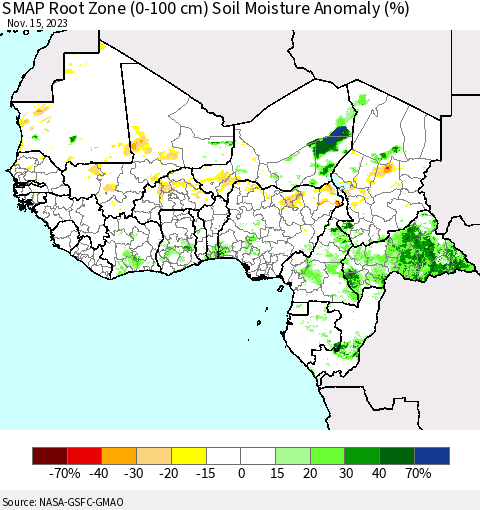 Western Africa SMAP Root Zone (0-100 cm) Soil Moisture Anomaly (%) Thematic Map For 11/11/2023 - 11/15/2023