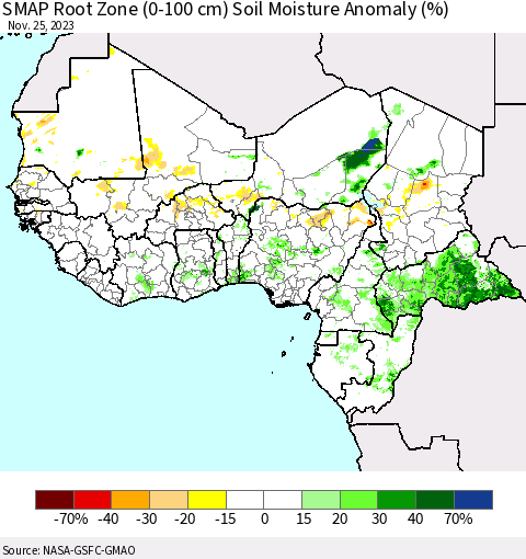 Western Africa SMAP Root Zone (0-100 cm) Soil Moisture Anomaly (%) Thematic Map For 11/21/2023 - 11/25/2023