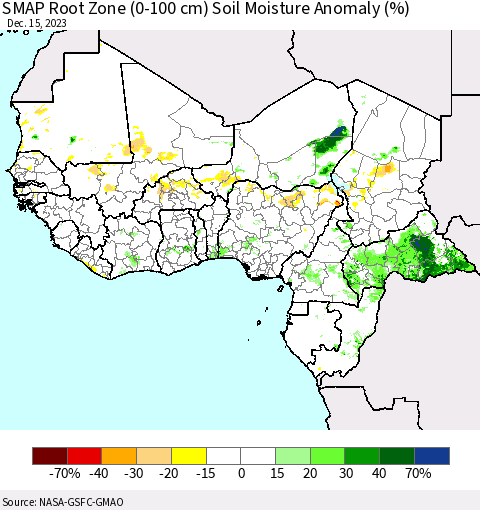 Western Africa SMAP Root Zone (0-100 cm) Soil Moisture Anomaly (%) Thematic Map For 12/11/2023 - 12/15/2023