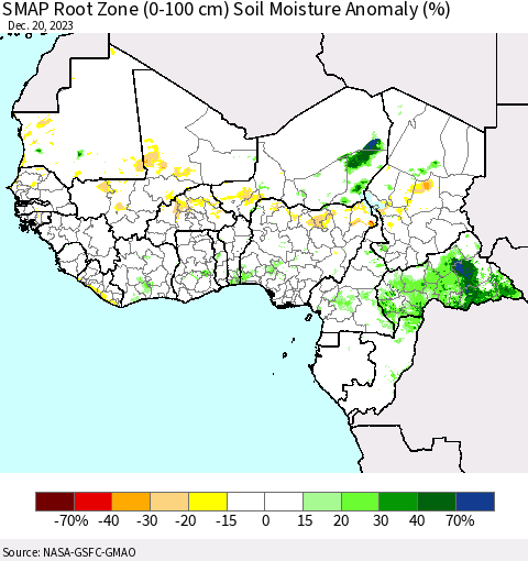 Western Africa SMAP Root Zone (0-100 cm) Soil Moisture Anomaly (%) Thematic Map For 12/16/2023 - 12/20/2023