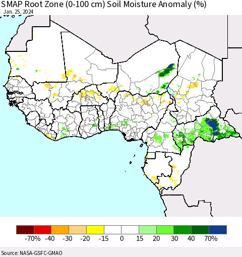Western Africa SMAP Root Zone (0-100 cm) Soil Moisture Anomaly (%) Thematic Map For 1/21/2024 - 1/25/2024