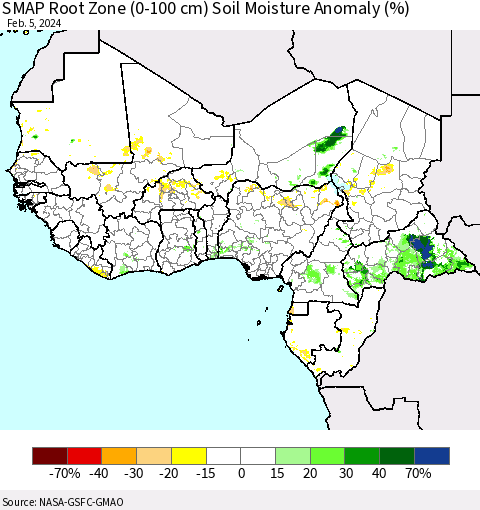 Western Africa SMAP Root Zone (0-100 cm) Soil Moisture Anomaly (%) Thematic Map For 2/1/2024 - 2/5/2024