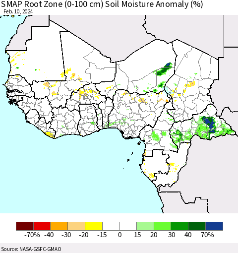 Western Africa SMAP Root Zone (0-100 cm) Soil Moisture Anomaly (%) Thematic Map For 2/6/2024 - 2/10/2024