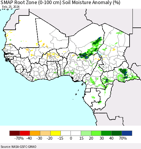 Western Africa SMAP Root Zone (0-100 cm) Soil Moisture Anomaly (%) Thematic Map For 2/21/2024 - 2/25/2024
