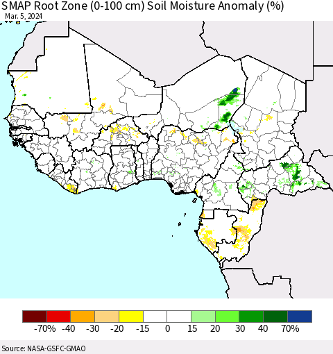 Western Africa SMAP Root Zone (0-100 cm) Soil Moisture Anomaly (%) Thematic Map For 3/1/2024 - 3/5/2024