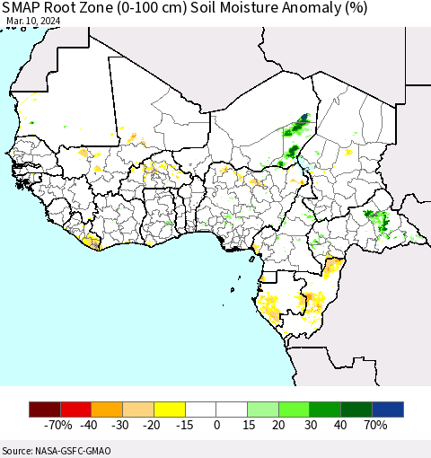 Western Africa SMAP Root Zone (0-100 cm) Soil Moisture Anomaly (%) Thematic Map For 3/6/2024 - 3/10/2024