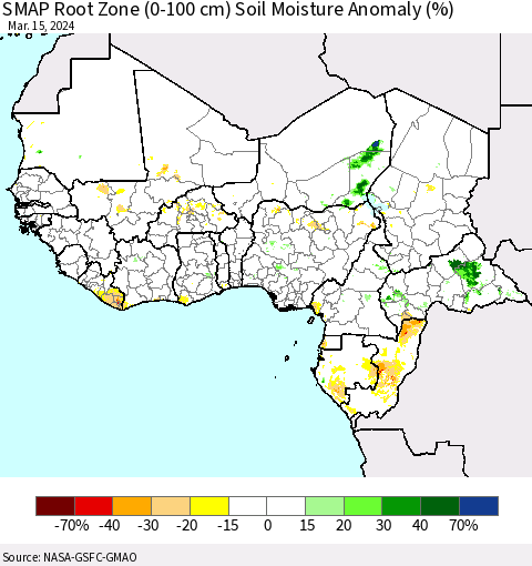 Western Africa SMAP Root Zone (0-100 cm) Soil Moisture Anomaly (%) Thematic Map For 3/11/2024 - 3/15/2024