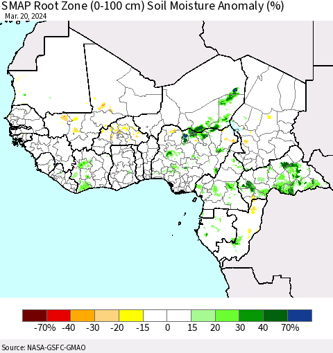 Western Africa SMAP Root Zone (0-100 cm) Soil Moisture Anomaly (%) Thematic Map For 3/16/2024 - 3/20/2024