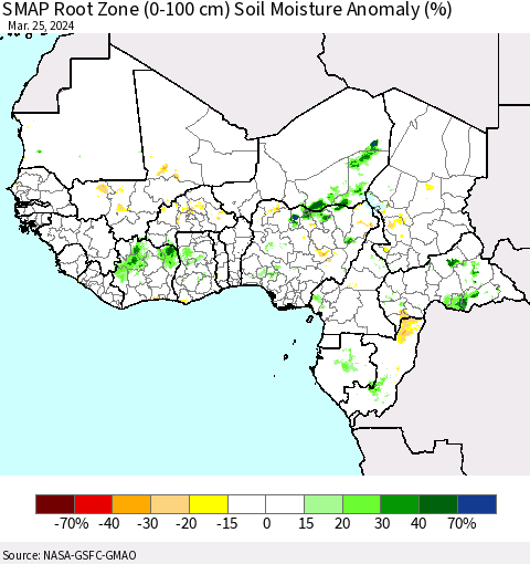 Western Africa SMAP Root Zone (0-100 cm) Soil Moisture Anomaly (%) Thematic Map For 3/21/2024 - 3/25/2024