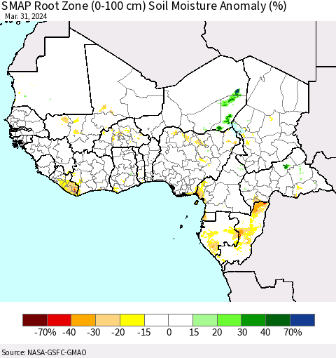 Western Africa SMAP Root Zone (0-100 cm) Soil Moisture Anomaly (%) Thematic Map For 3/26/2024 - 3/31/2024