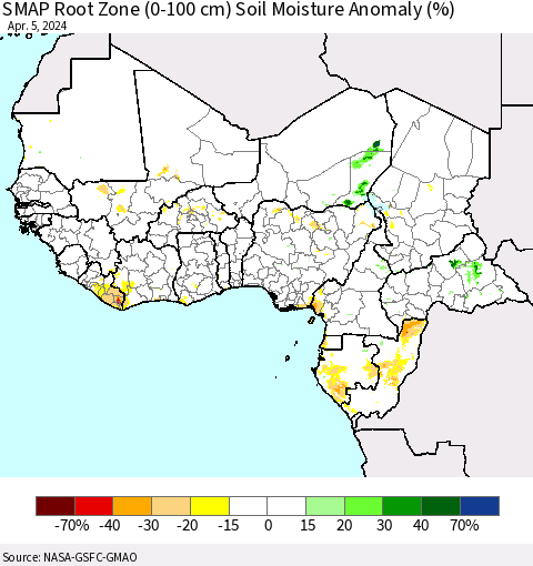 Western Africa SMAP Root Zone (0-100 cm) Soil Moisture Anomaly (%) Thematic Map For 4/1/2024 - 4/5/2024