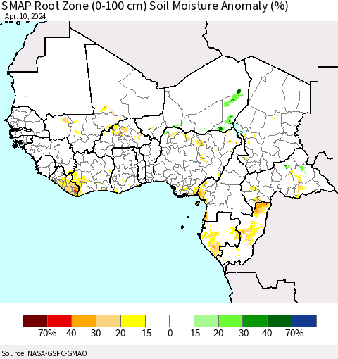Western Africa SMAP Root Zone (0-100 cm) Soil Moisture Anomaly (%) Thematic Map For 4/6/2024 - 4/10/2024