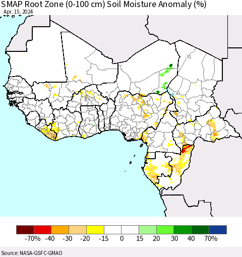 Western Africa SMAP Root Zone (0-100 cm) Soil Moisture Anomaly (%) Thematic Map For 4/11/2024 - 4/15/2024