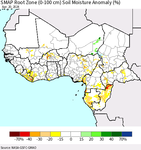 Western Africa SMAP Root Zone (0-100 cm) Soil Moisture Anomaly (%) Thematic Map For 4/16/2024 - 4/20/2024
